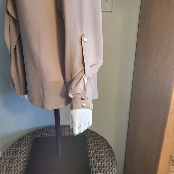 ALBERTO MAKALI Drape Front Blouse Top L Taupe Sheer Overlay Career Boho Chic - Picture 4 of 10